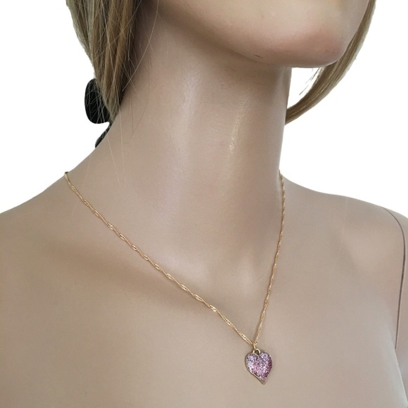 HAND Crafted Necklace Gold Plate Chain Deep Rose Ruby Sparkle Heart - Picture 2 of 8